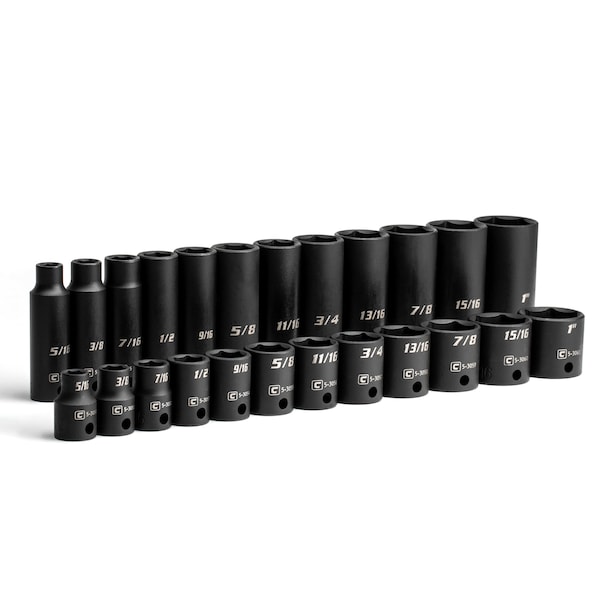 3/8 in Drive Shallow and Deep Impact Socket Set, SAE, 24 pcs